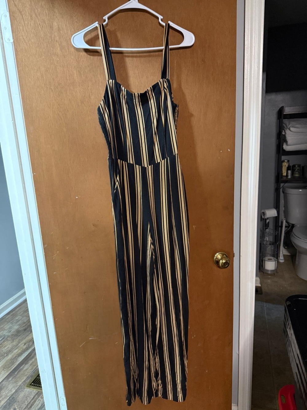 BeBop Black and Tan Vertical Stripe Jumpsuit